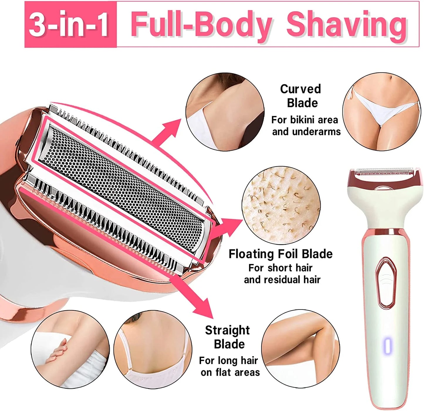 4 in 1 Women Electric Shaver Rechargeable Waterproof Razor Painless Epilator Body Hair Remover Nose Hair Beard Bikini Trimmer Eyebrow Face Facial Armpit Legs Removal Clipper Lady Grooming Groomer Kit